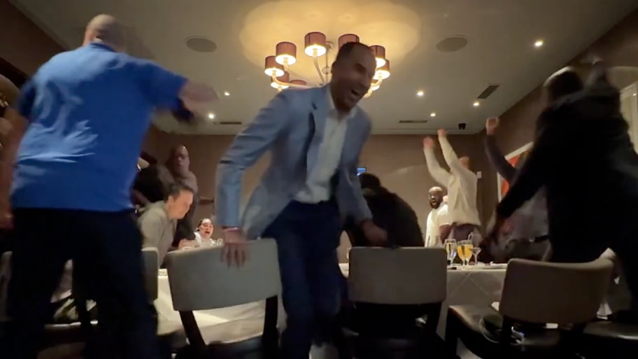 Nico Harrison and members of the Dallas Mavericks leadership explode with excitement after the franchise wins the No. 1 pick in the 2025 NBA draft. | via Dallas Mavericks