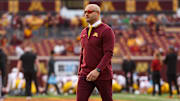 Oct 5, 2024; Minneapolis, Minnesota, USA; Minnesota Golden Gophers head coach P.J. Fleck looks on before the game against the USC Trojans at Huntington Bank Stadium.