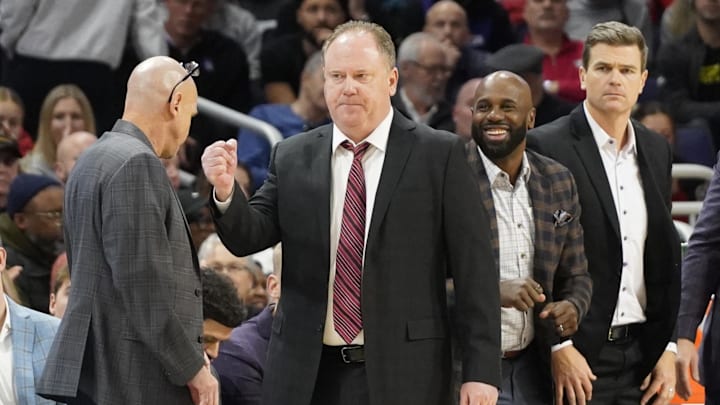 Feb 1, 2025; Evanston, Illinois, USA; Wisconsin Badgers head coach Greg Gard gestures to his team in a game against the Northwestern Wildcats during the first half at Welsh-Ryan Arena. Mandatory Credit: David Banks-Imagn Images