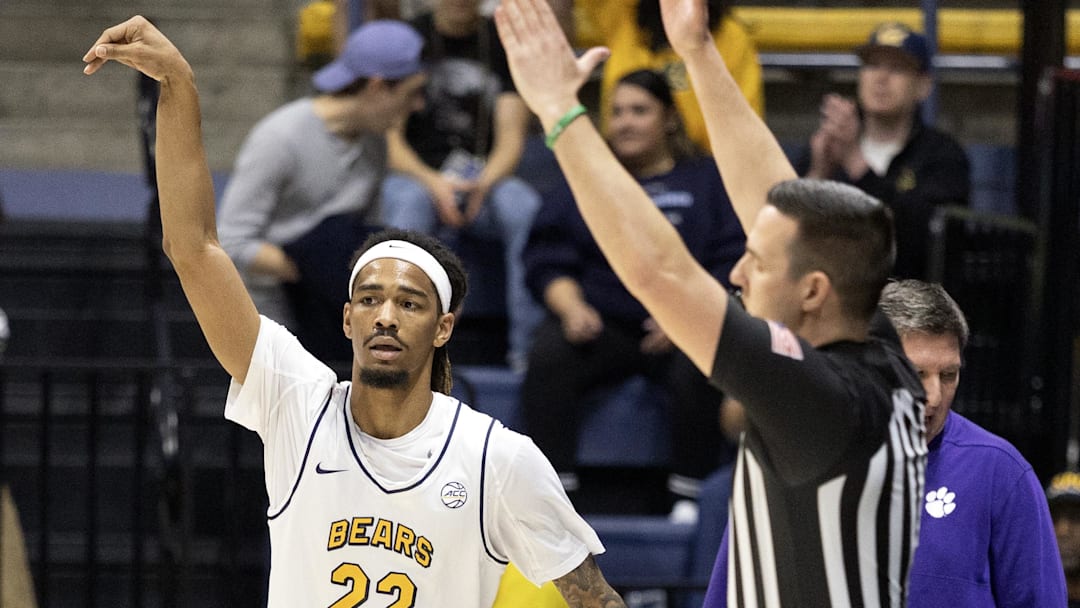 Feb 7, 2026; Berkeley, California, USA; California Golden Bears forward Chris Bell (22) celebrates his three-point basket against the Clemson Tigers during the first half at Haas Pavilion. Mandatory Credit: D. Ross Cameron-Imagn Images