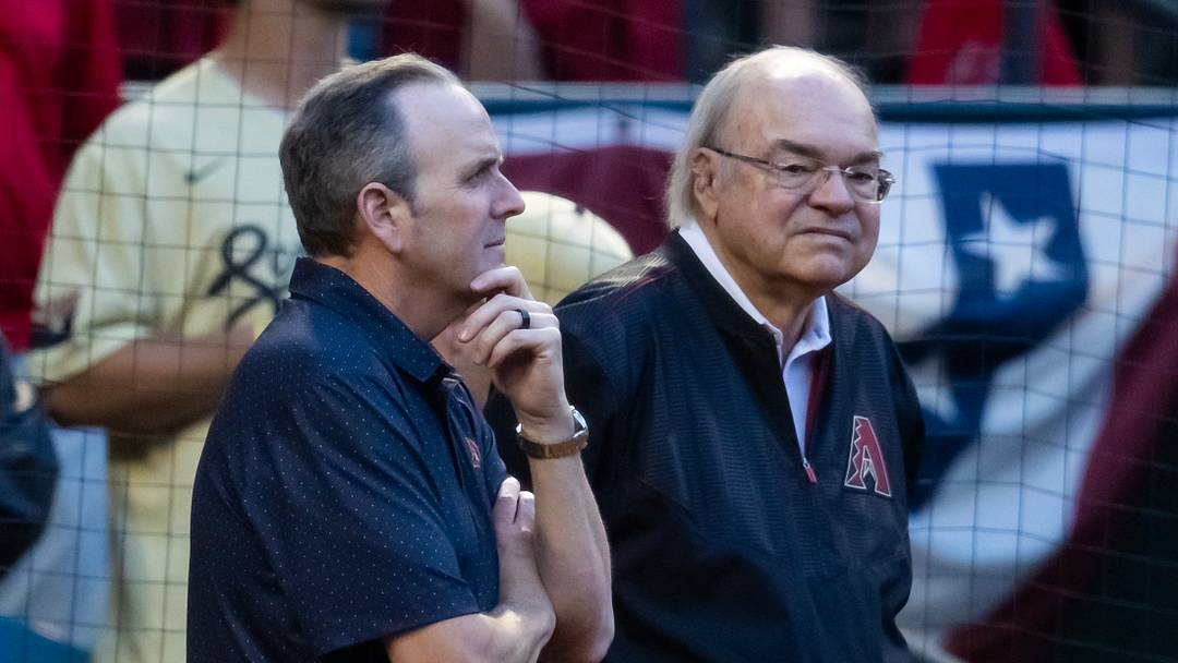 Oct 11, 2023; Phoenix, Arizona, USA; Arizona Diamondbacks ceo Derrick Hall (left) with owner Ken Kendrick against the Los Angeles Dodgers in game three of the NLDS for the 2023 MLB playoffs at Chase Field. Mandatory Credit: Mark J. Rebilas-USA TODAY Sports Oct 11, 2023; Phoenix, Arizona, USA; Arizona Diamondbacks ceo Derrick Hall (left) with owner Ken Kendrick against the Los Angeles Dodgers in game three of the NLDS for the 2023 MLB playoffs at Chase Field. Mandatory Credit: Mark J. Rebilas-USA TODAY Sports