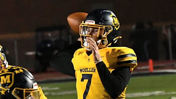 Matt Ponatoski eyes a touchdown pass for Moeller during the OHSAA Division I football regional semifinals.