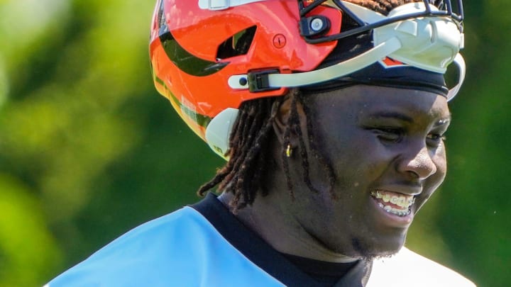 Bengals offensive tackle rookie Amarius Mims during the first day of OTAs on Tuesday, May 28, 2024, at the Kettering Health Practice Fields outside of Paycor Stadium.