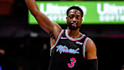 Dec 22, 2018; Miami, FL, USA; Miami Heat guard Dwyane Wade (3) gestures to the fans during the second half against the Milwaukee Bucks at American Airlines Arena. Mandatory Credit: Jasen Vinlove-Imagn Images