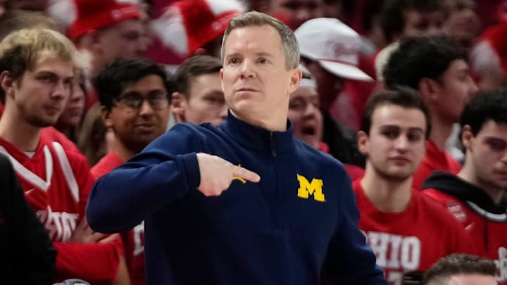 Michigan Wolverines head coach Dusty May motions during the second half of the NCAA men's basketball game against the Ohio State Buckeyes at the Schottenstein Center in Columbus on Feb. 8, 2026. Ohio State lost 82-61.