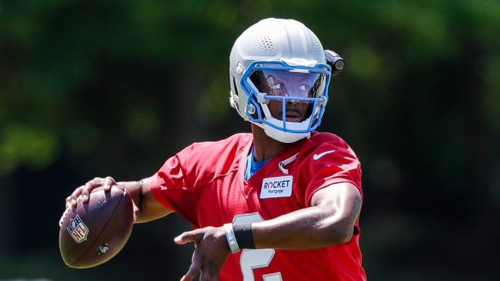 Detroit Lions quarterback Hendon Hooker (2) practices during OTAs at Detroit Lions headquarters and practice facility in Allen Park on Tuesday, June 11, 2024.