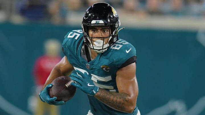 Jacksonville Jaguars tight end Brenton Strange (85) sprints to the sideline on a 7 yard pass play late in the second quarter. The Jaguars led 20 to 10 at the end of the first half. The Jacksonville Jaguars hosted the Kansas City Chiefs in the Jaguars first preseason game of the season Saturday, August10, 2024 at EverBank Stadium in Jacksonville, Fla. [Bob Self/Florida Times-Union]