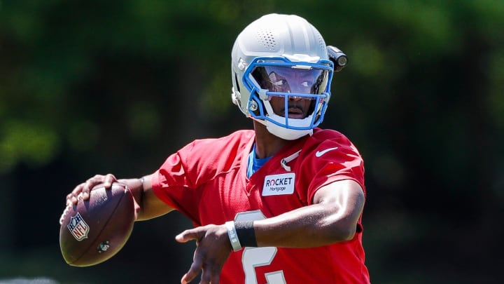 Detroit Lions quarterback Hendon Hooker (2) practices during OTAs at Detroit Lions headquarters and practice facility in Allen Park on Tuesday, June 11, 2024.