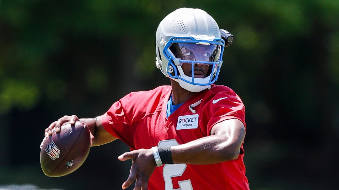 Detroit Lions quarterback Hendon Hooker (2) practices during OTAs at Detroit Lions headquarters and practice facility in Allen Park on Tuesday, June 11, 2024.