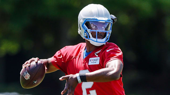 Detroit Lions quarterback Hendon Hooker (2) practices during OTAs at Detroit Lions headquarters and practice facility in Allen Park on Tuesday, June 11, 2024.