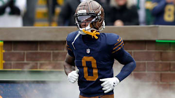 Green Bay Packers wide receiver Matthew Golden (0) runs onto the field before the game against the Carolina Panthers on Nov. 2, 2025, at Lambeau Field in Green Bay, Wis.