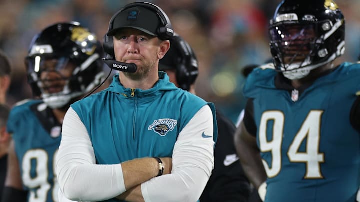 Oct 6, 2025; Jacksonville, Florida, USA; Jacksonville Jaguars head coach Liam Coen during the second half against the Kansas City Chiefs at EverBank Stadium. Mandatory Credit: Nathan Ray Seebeck-Imagn Images