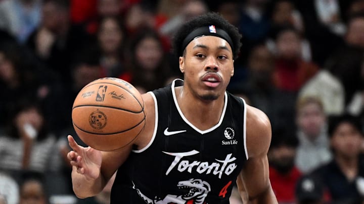 Mar 27, 2026; Toronto, Ontario, CAN;   Toronto Raptors forward Scottie Barnes (4) dribbles against the New Orleans Pelicans in the second half at Scotiabank Arena. Mandatory Credit: Dan Hamilton-Imagn Images
