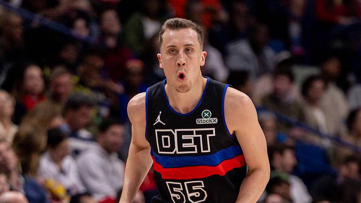Jan 21, 2026; New Orleans, Louisiana, USA;  Detroit Pistons forward Duncan Robinson (55) reacts to a play against the New Orleans Pelicans during the second half at Smoothie King Center. Mandatory Credit: Stephen Lew-Imagn Images