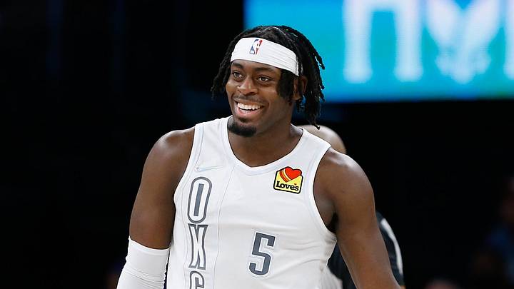 Nov 26, 2021; Oklahoma City, Oklahoma, USA; Oklahoma City Thunder forward Luguentz Dort (5) reacts to an officials call during the second half against the Washington Wizards at Paycom Center. Washington won 101-99. Mandatory Credit: Alonzo Adams-Imagn Images