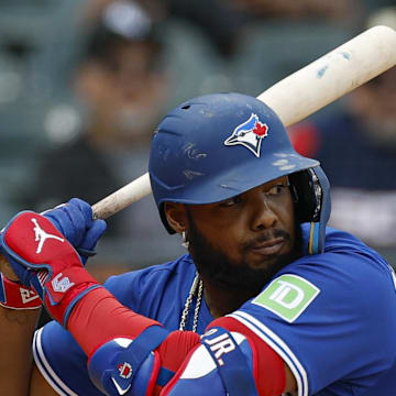 Toronto Blue Jays designated hitter Vladimir Guerrero Jr. (27) bats against the Chicago White Sox during the eight inning at Rate Field on July 9. 