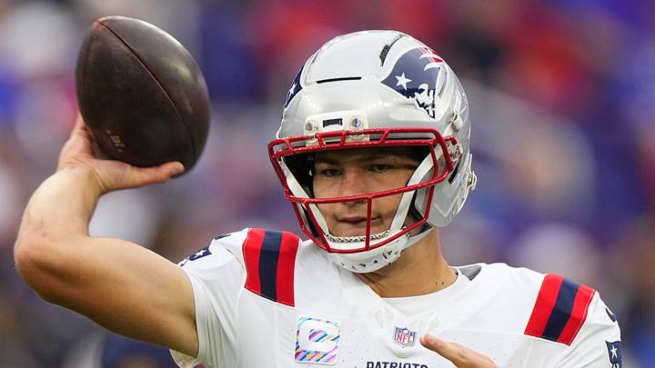 Oct 4, 2026; Orchard Park, New York, USA;  Drake Maye #10 of the New England Patriots warms up before the game against the Buffalo Bills at New Highmark Stadium.  Mandatory Credit: Gregory Fisher-Imagn Images