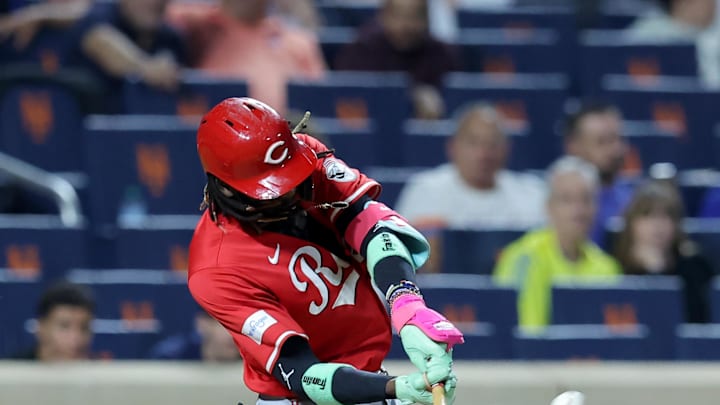 Sep 6, 2024; New York City, New York, USA; Cincinnati Reds shortstop Elly De La Cruz (44) hits a two run home run against the New York Mets during the fourth inning at Citi Field. Mandatory Credit: Brad Penner-Imagn Images