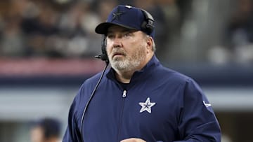 Jan 5, 2025; Arlington, Texas, USA;  Dallas Cowboys head coach Mike McCarthy looks on during the first half against the Washington Commanders at AT&T Stadium. Mandatory Credit: Kevin Jairaj-Imagn Images