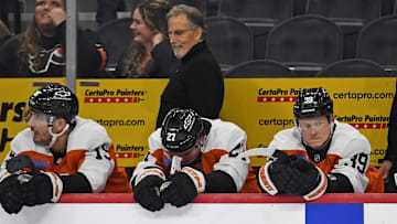 Jan 30, 2025; Philadelphia, Pennsylvania, USA; Philadelphia Flyers right wing Matvei Michkov (39) on the bench during the third period against the New York Islanders at Wells Fargo Center.