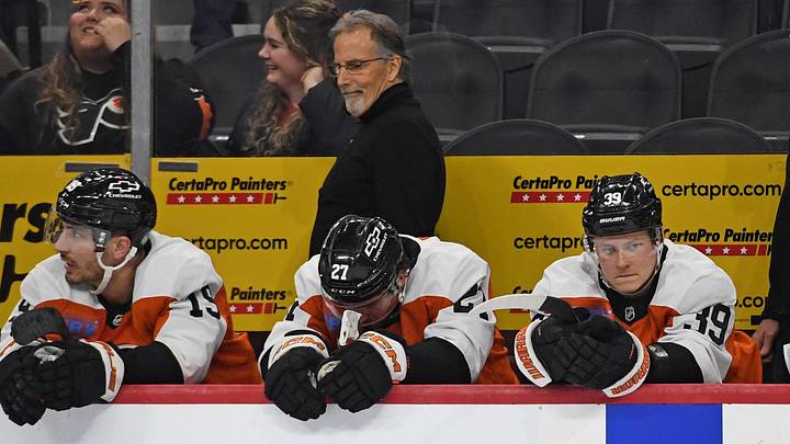 Jan 30, 2025; Philadelphia, Pennsylvania, USA; Philadelphia Flyers right wing Matvei Michkov (39) on the bench during the third period against the New York Islanders at Wells Fargo Center.