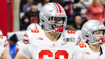Jan 20, 2025; Atlanta, GA, USA; Ohio State Buckeyes offensive lineman George Fitzpatrick (68) against the Notre Dame Fighting Irish during the CFP National Championship college football game at Mercedes-Benz Stadium. Mandatory Credit: Mark J. Rebilas-Imagn Images