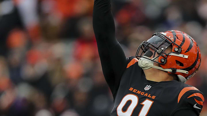 Jan 7, 2024; Cincinnati, Ohio, USA; Cincinnati Bengals defensive end Trey Hendrickson (91) reacts after sacking Cleveland Browns quarterback Jeff Driskel (not pictured) in the first half at Paycor Stadium. Mandatory Credit: Katie Stratman-Imagn Images Jan 7, 2024; Cincinnati, Ohio, USA; Cincinnati Bengals defensive end Trey Hendrickson (91) reacts after sacking Cleveland Browns quarterback Jeff Driskel (not pictured) in the first half at Paycor Stadium. Mandatory Credit: Katie Stratman-Imagn Images