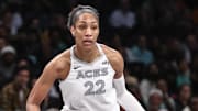 Oct 1, 2024; Brooklyn, New York, USA; Las Vegas Aces center A'ja Wilson (22) drives to the basket in the third quarter against the New York Liberty during game two of the 2024 WNBA Semi-finals at Barclays Center.