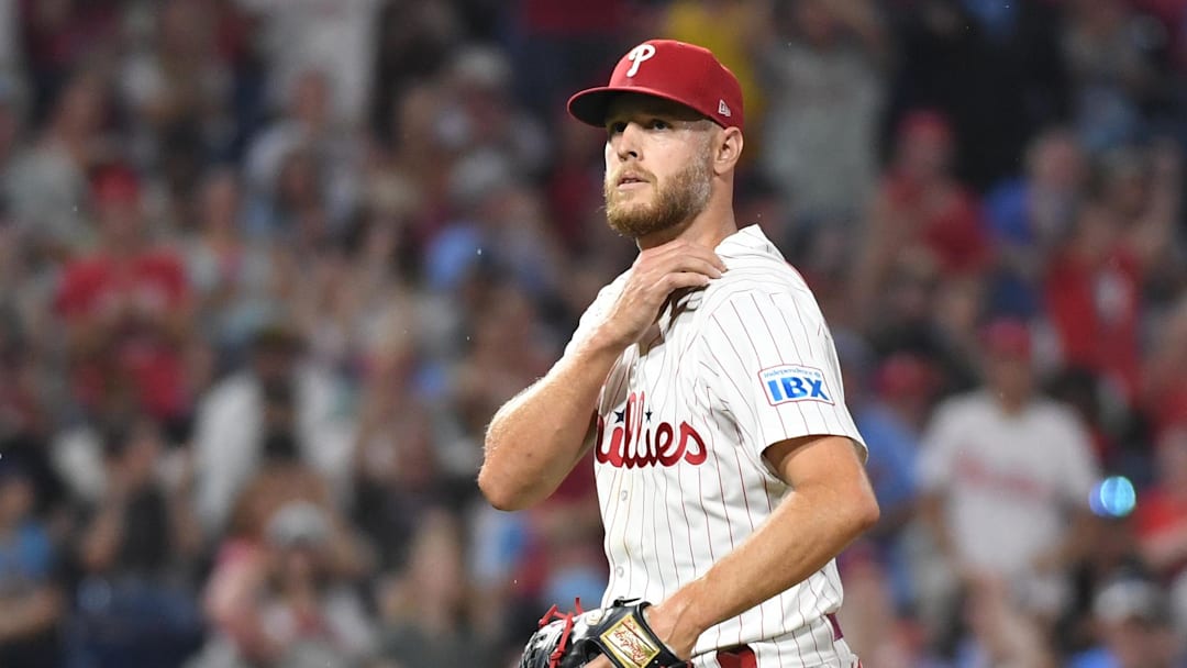 Jun 30, 2025; Philadelphia, Pennsylvania, USA; Philadelphia Phillies pitcher Zack Wheeler (45) walks off the field after pitching the eighth inning against the San Diego Padres at Citizens Bank Park. Mandatory Credit: Eric Hartline-Imagn Images