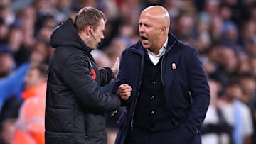 Arne Slot (right) was unhappy with the decision.