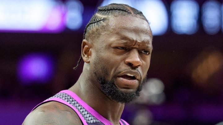 Feb 20, 2026; Minneapolis, Minnesota, USA; Minnesota Timberwolves forward Julius Randle (30) talks with referee Josh Tiven (58) in the fourth quarter against the Dallas Mavericks at Target Center. Mandatory Credit: Matt Blewett-Imagn Images