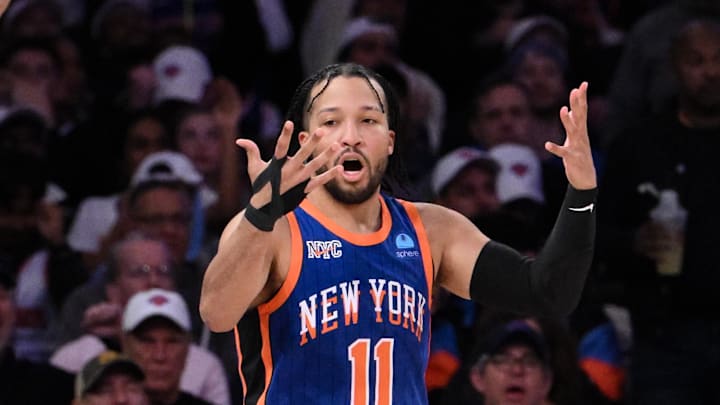 Mar 31, 2024; New York, New York, USA; New York Knicks guard Jalen Brunson (11) reacts after scoring a basket against the Oklahoma City Thunder during the third quarter at Madison Square Garden. Mandatory Credit: John Jones-Imagn Images