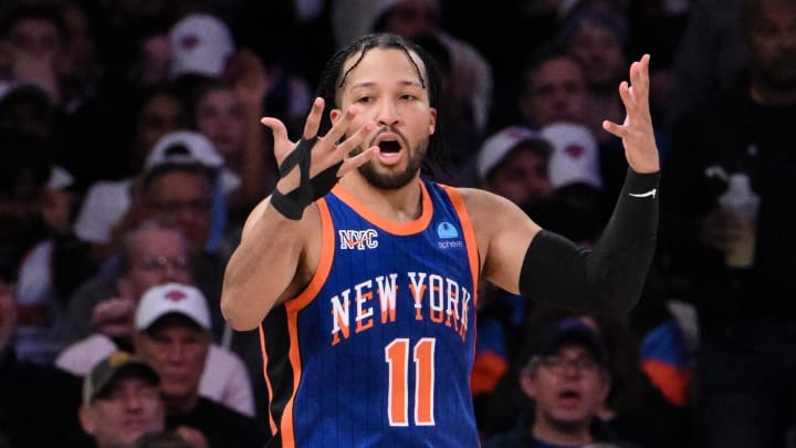 Mar 31, 2024; New York, New York, USA; New York Knicks guard Jalen Brunson (11) reacts after scoring a basket against the Oklahoma City Thunder during the third quarter at Madison Square Garden. Mandatory Credit: John Jones-USA TODAY Sports