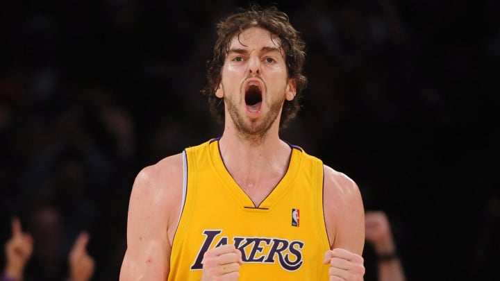 Jan 16, 2009; Los Angeles, CA, USA; Los Angeles Lakers forward Pau Gasol (16) reacts during the game against the Orlando Magic at the Staples Center.  Mandatory Credit: Kirby Lee/Image of Sport-USA TODAY Sports