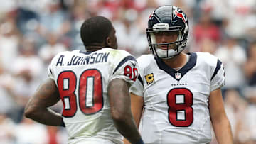 Sep 15, 2013; Houston, TX, USA; Houston Texans quarterback Matt Schaub (8) talks with receiver Andre Johnson (80) against the Tennessee Titans at Reliant Stadium. Mandatory Credit: Matthew Emmons-Imagn Images