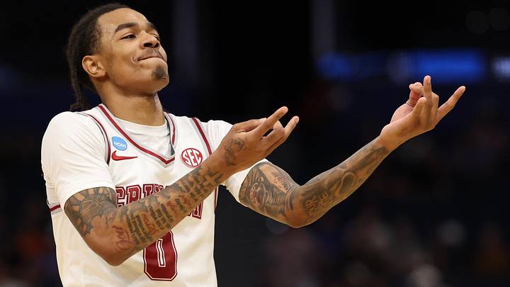 Alabama Crimson Tide guard Labaron Philon (0) celebrates  (Mandatory Credit: Matt Pendleton-Imagn Images)