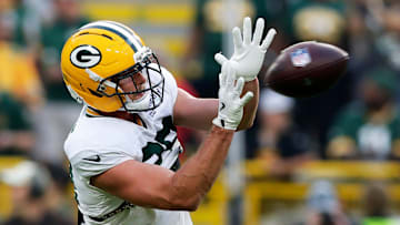 Green Bay Packers tight end Luke Musgrave (88) catches a pass during Green Bay Packers Family Night on Aug. 2, 2025, at Lambeau Field in Green Bay, Wis.
