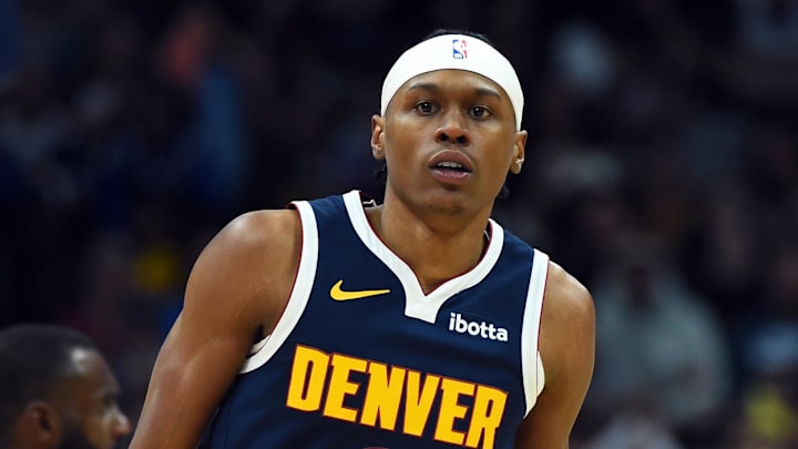 Mar 27, 2026; Denver, Colorado, USA; Denver Nuggets guard Peyton Watson (8) after making a basket during the second half against the Utah Jazz at Ball Arena. Mandatory Credit: Christopher Hanewinckel-Imagn Images