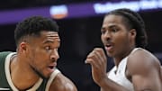 Milwaukee Bucks forward Giannis Antetokounmpo drives to the net against Toronto Raptors forward Collin Murray-Boyles