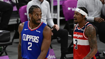 Mar 4, 2021; Washington, District of Columbia, USA;  LA Clippers forward Kawhi Leonard (2) and Washington Wizards guard Bradley Beal (3) walks down the court during the first quarter at Capital One Arena. Mandatory Credit: Tommy Gilligan-Imagn Images
