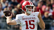 Nov 8, 2025; University Park, Pennsylvania, USA; Indiana Hoosiers quarterback Fernando Mendoza (15) throws a pass during the first quarter against the Penn State Nittany Lions at Beaver Stadium. Mandatory Credit: Matthew O'Haren-Imagn Images