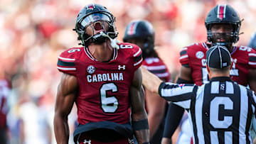 Aug 31, 2024; Columbia, South Carolina, USA; South Carolina Gamecocks edge Dylan Stewart (6) celebrates after a sack against the Old Dominion Monarchs in the second quarter at Williams-Brice Stadium. Mandatory Credit: Jeff Blake-Imagn Images