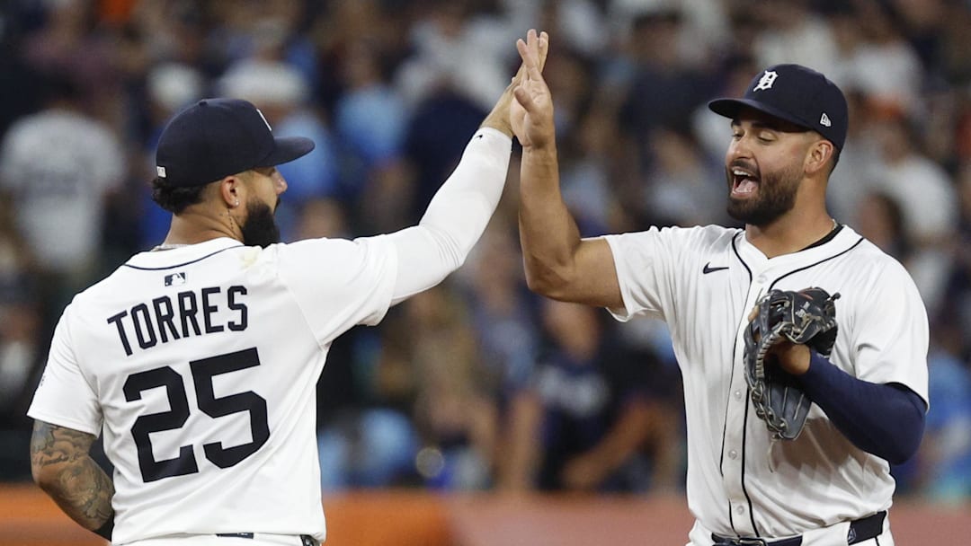 Detroit Tigers Gleyber Torres (25) Riley Greene (31) celebrate after defeating the Kansas City Royals at Comerica Park. 