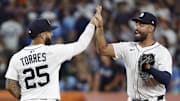 Detroit Tigers Gleyber Torres (25) Riley Greene (31) celebrate after defeating the Kansas City Royals at Comerica Park. 