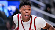Rutgers Scarlet Knights guard Ace Bailey (4) runs a play Wednesday, March 12, 2025, in a first round game at the 2025 TIAA Big Ten Men’s Basketball Tournament between the USC Trojans and the Rutgers Scarlet Knights at Gainbridge Fieldhouse in Indianapolis. The Hawkeyes defeated the Buckeyes, 77-70.