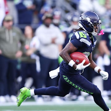 Nov 9, 2025; Seattle, Washington, USA; Seattle Seahawks wide receiver Rashid Shaheed (22) runs after making a catch during the second quarter against the Arizona Cardinals at Lumen Field.
