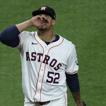 Sep 10, 2024; Houston, Texas, USA; Houston Astros relief pitcher Bryan Abreu walks to the dugout.