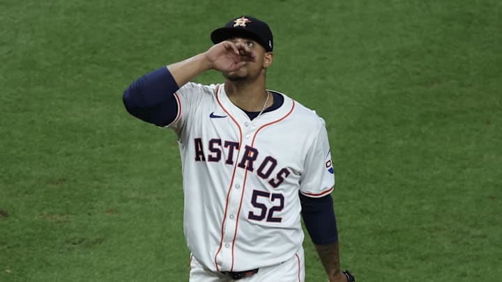 Sep 10, 2024; Houston, Texas, USA; Houston Astros relief pitcher Bryan Abreu walks to the dugout.