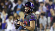 Nov 9, 2024; Fort Worth, Texas, USA;  TCU Horned Frogs quarterback Josh Hoover (10) throws during the first half against the Oklahoma State Cowboys at Amon G. Carter Stadium. Mandatory Credit: Kevin Jairaj-Imagn Images