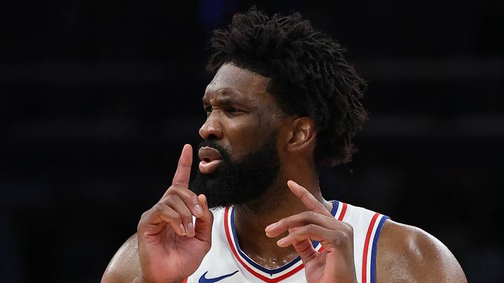 May 2, 2026; Boston, Massachusetts, USA; Philadelphia 76ers center Joel Embiid (21) quiets the crowd after making a basket against the Boston Celtics in game seven of the first round of the 2026 NBA Playoffs at TD Garden. Mandatory Credit: Winslow Townson-Imagn Images